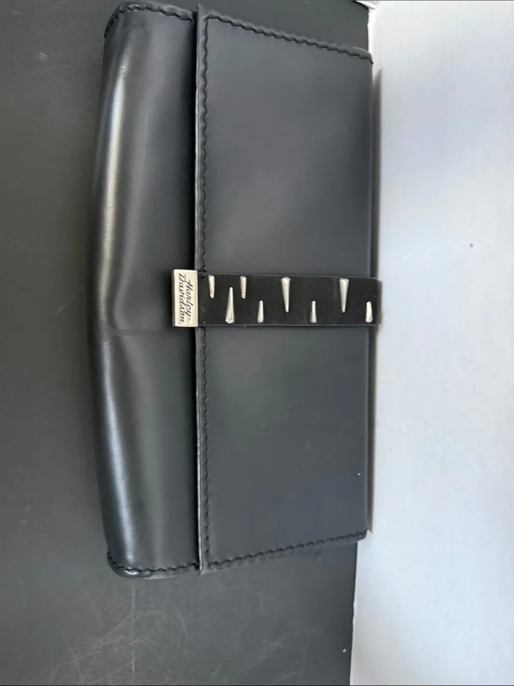 Vintage Black Leather Clutch with Stud-Accent